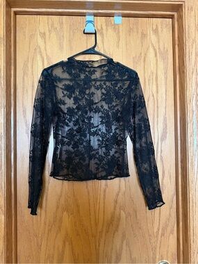 SHEIN Black Floral Lace Long-Sleeve Sheer Blouse